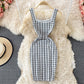 Suspender skirt shows thin ice silk knitted Plaid Hip Wrap Dress  2756