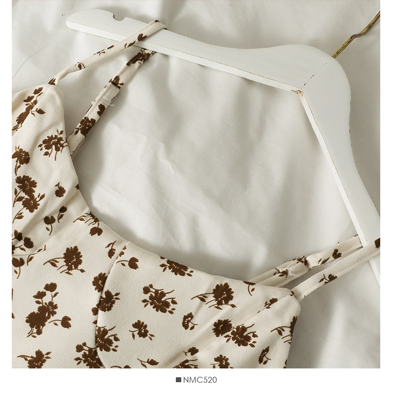 Hong Kong style retro small fresh broken flower low neck backless suspender skirt  2688