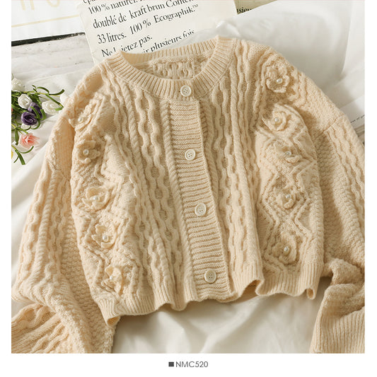 Pull femme clou perle fleur tridimensionnelle simple boutonnage cardigan haut 1807