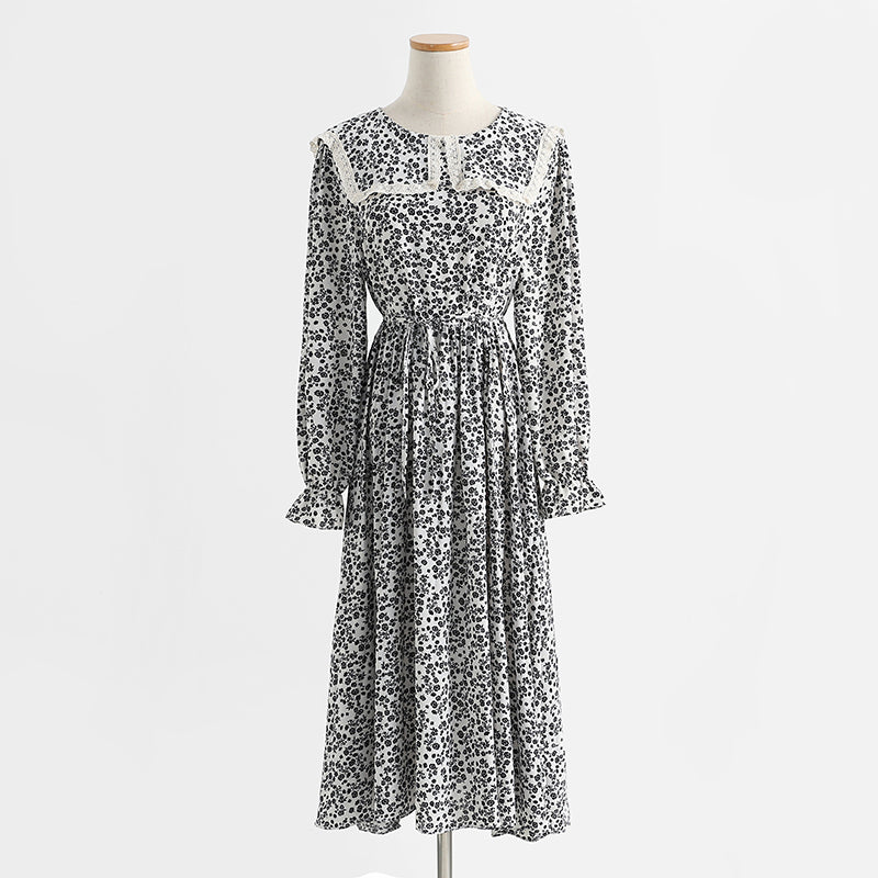 Dress gentle wind long sleeved chiffon skirt with slim waist and long Lapel skirt  2175