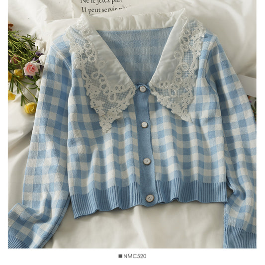 Cardigan court slim à revers avec empiècement en dentelle contrastée 1864