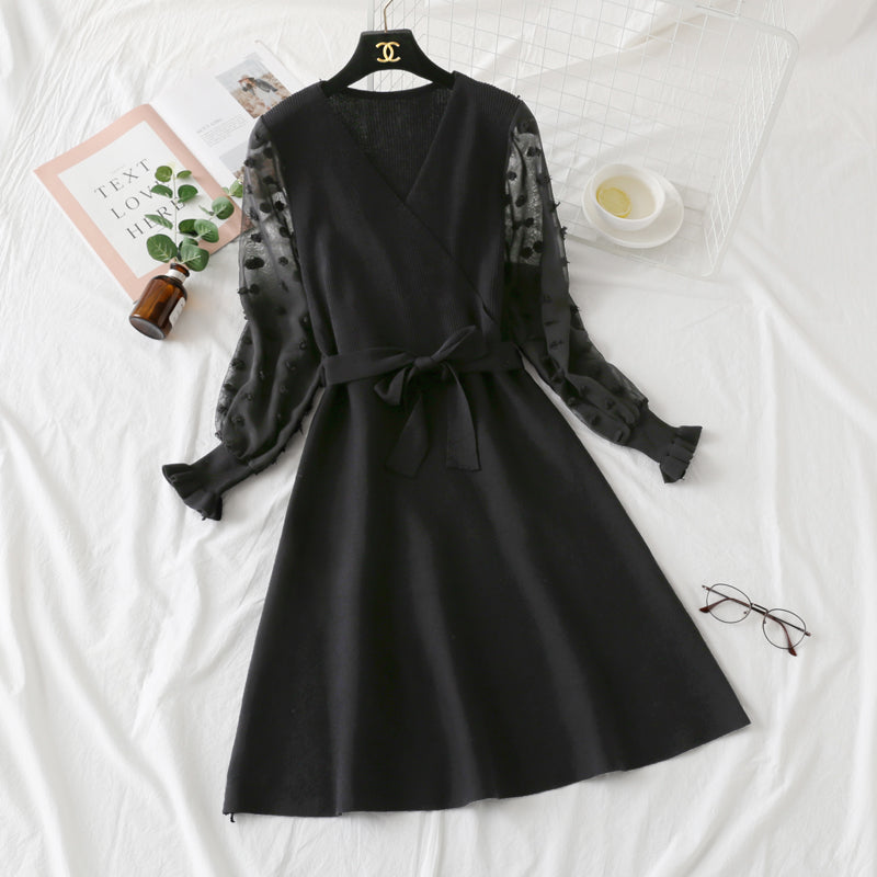Bottomed skirt bubble sleeve lace stitching long sleeve knitted dress slim fit  2453
