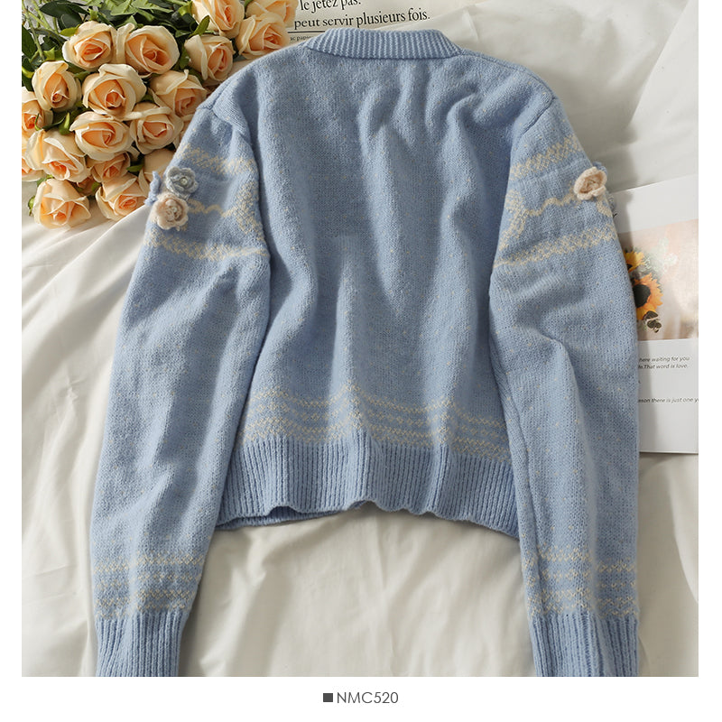 Pull cardigan court à pois en forme de vaguelettes de fleurs tridimensionnelles douces 2039