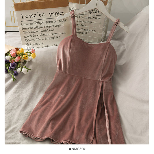 Jupe courte fendue taille haute en velours doré vintage avec bretelles réglables 2709