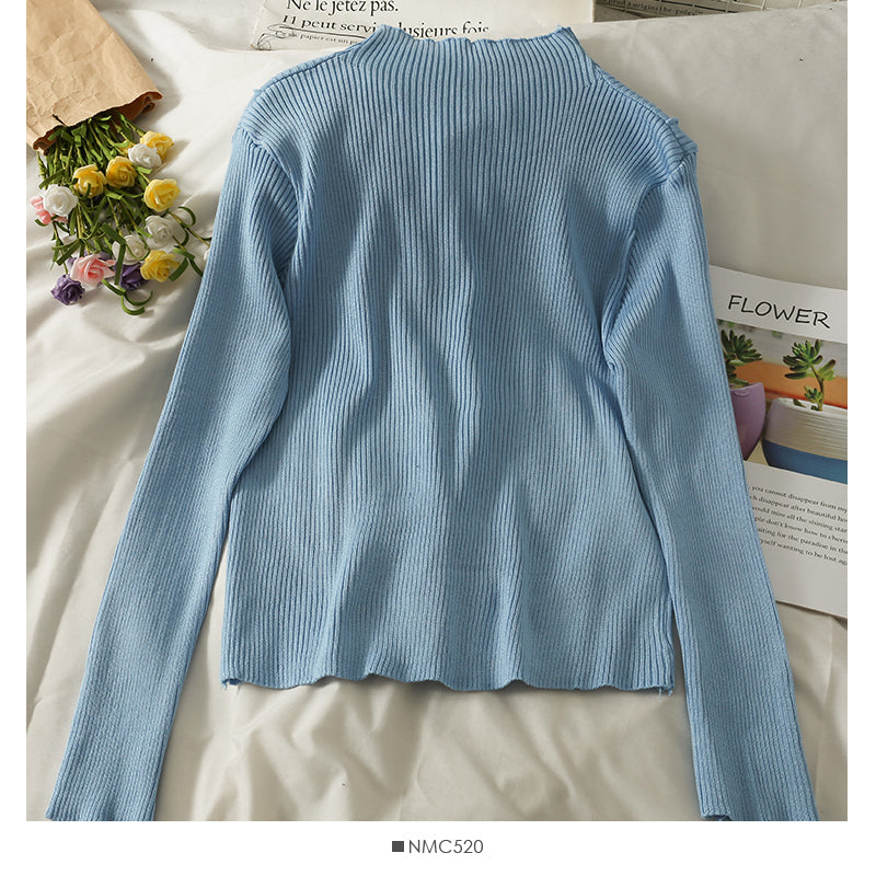 Pull col montant à perles décoratives avec nœud coréen pour femme 2053