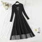 Slim waist with vintage mesh stitching, knee length sweater skirt  2406