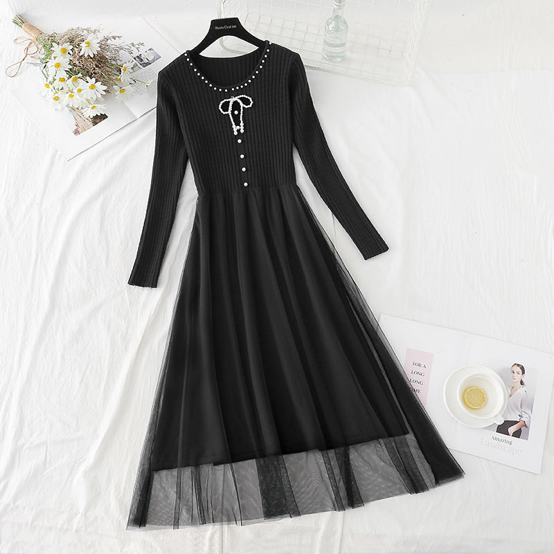 Slim waist with vintage mesh stitching, knee length sweater skirt  2406