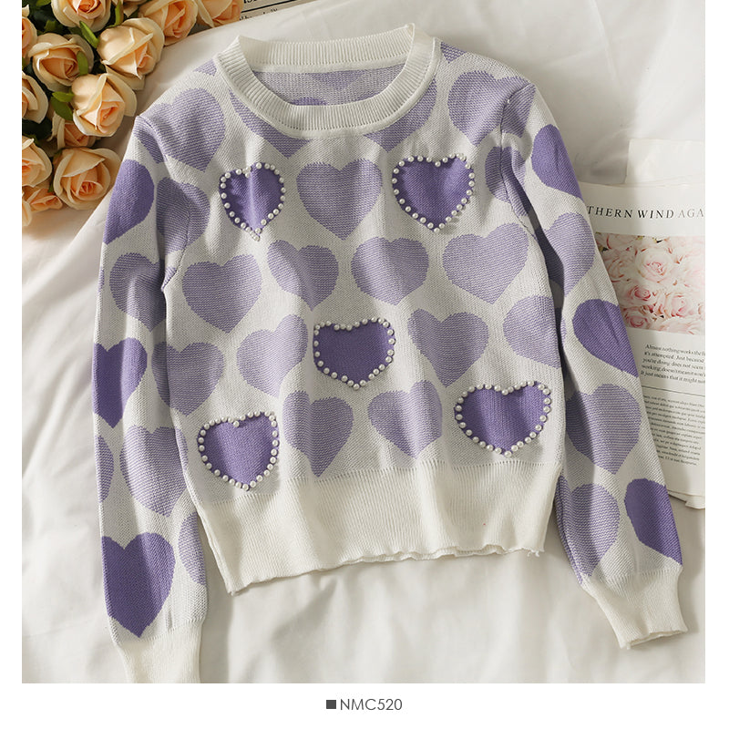Pull imprimé coeur perle clou vent doux pour femme 1839
