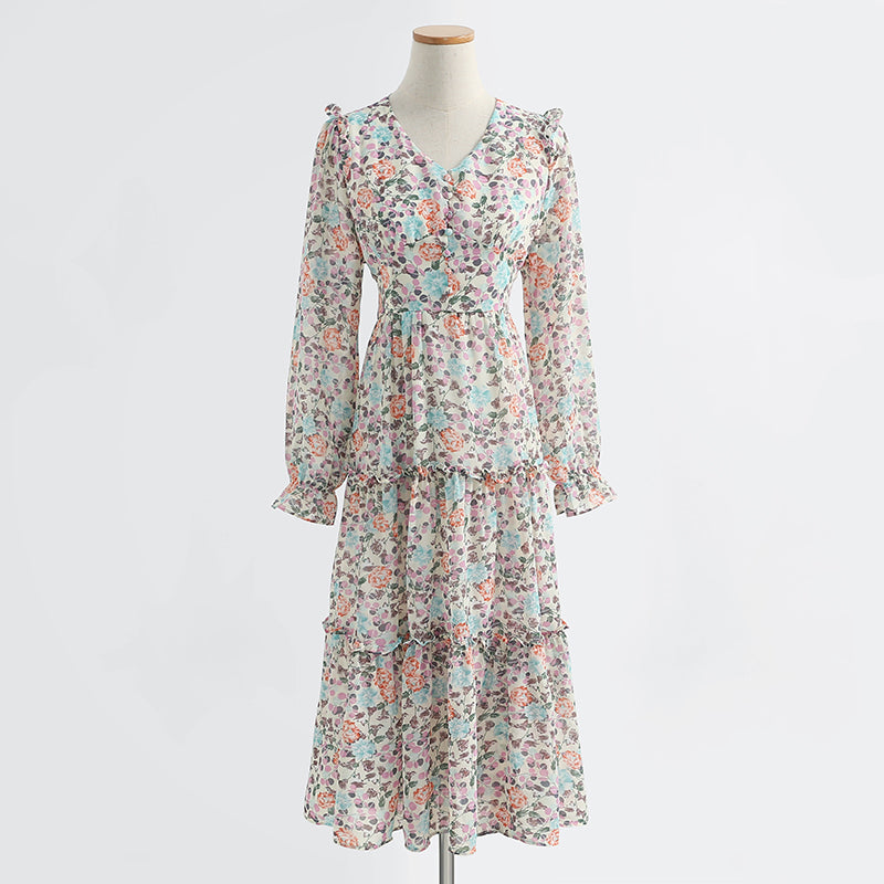Gentle style, thin floral skirt, V-neck Chiffon Ruffle Skirt  2211