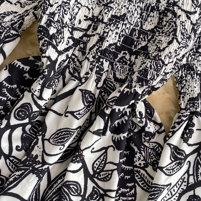 Skirt with straight neck, open shoulder and waist, thin ink painting dress, horn sleeve  2749