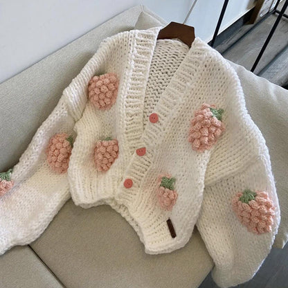Joli cardigan à fraises tridimensionnel à manches longues 1477