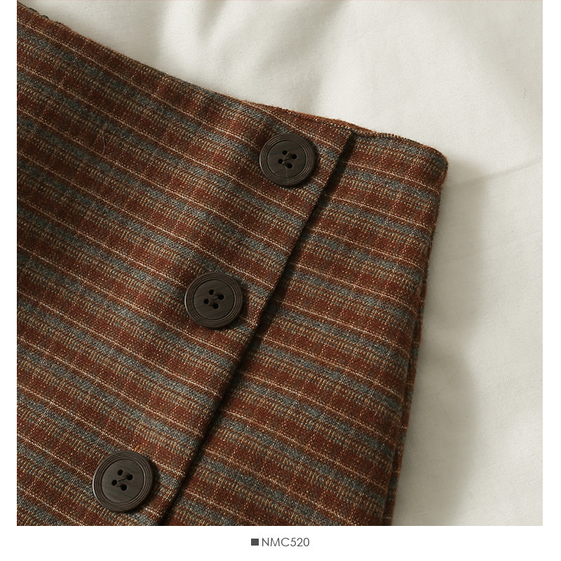 Hong Kong style retro breasted high waist thin wool versatile skirt  2593