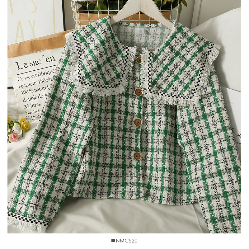 Hong Kong style retro tassels woolen baby collar tweed short shirt style coat women  2119