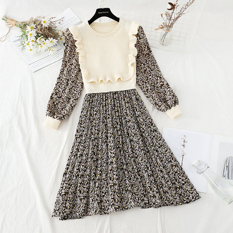 Dress foreign style age reduction splicing broken flower tea break Platycodon grandiflorum skirt  2261