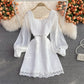 Long sleeve temperament waist closing lady square neck Jacquard Dress  3076
