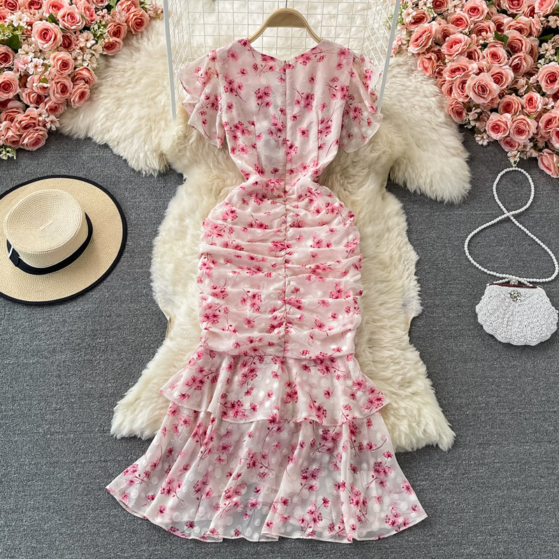 Robe fleurie en mousseline de soie à volants et col en V 3067