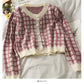 Chemise courte ample en tricot à carreaux rétro coréen pour femme 1815