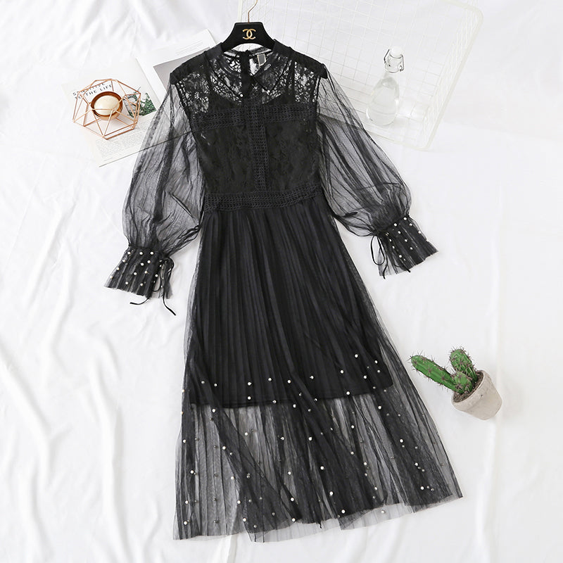 New super horn sleeve nail bead sling pleated long skirt two-piece set  2459