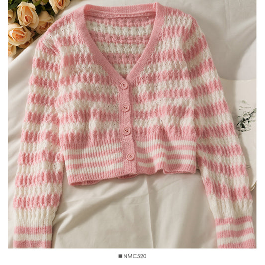 Pull cardigan court à simple boutonnage, ample et fin, à rayures coréennes 1883