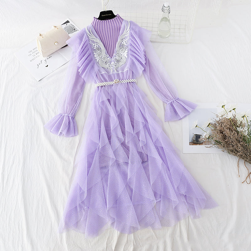 Embroidered mesh two-piece set light mature and slim knit dress  2226
