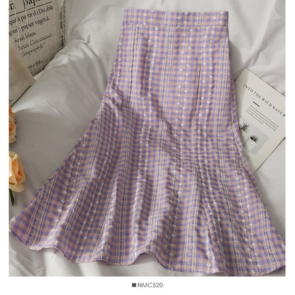 Sweet style print medium length high waist fishtail skirt  2638