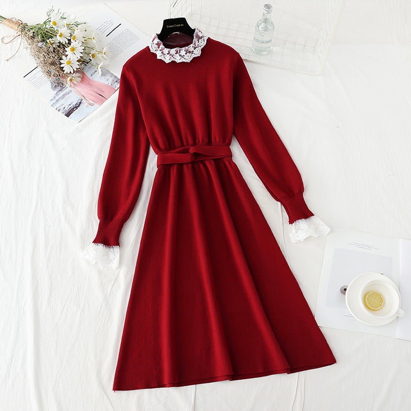 Lace stitched knit dress half high neck slim long sleeve  2404
