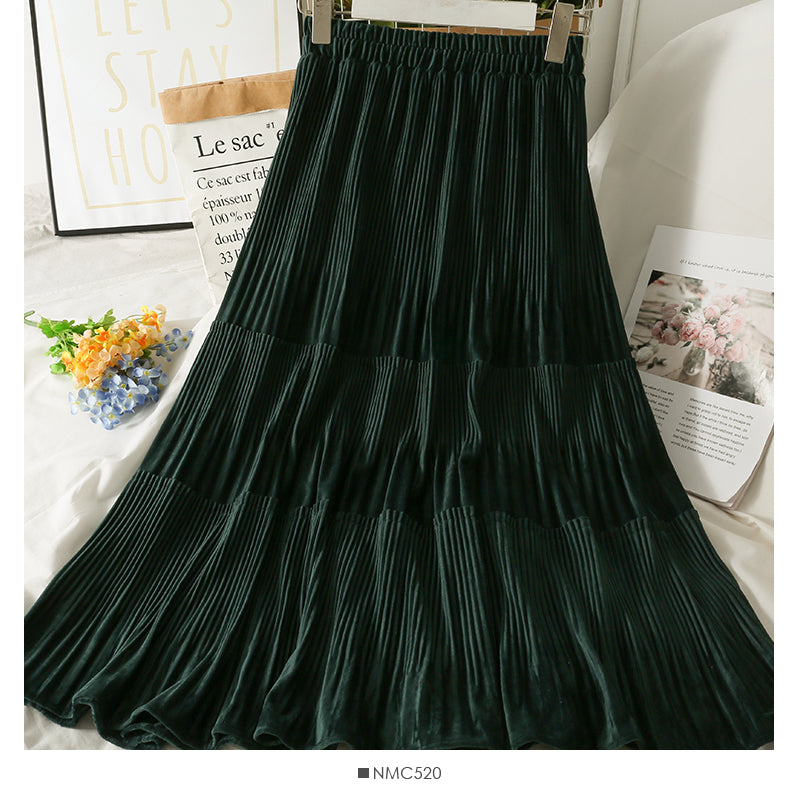 Retro loose slim stitching medium length organ pleated A-line skirt  2571