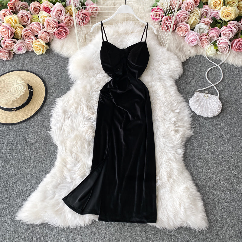 Robe en velours Hepburn vintage fendue Robe à bretelles sans bretelles 3142