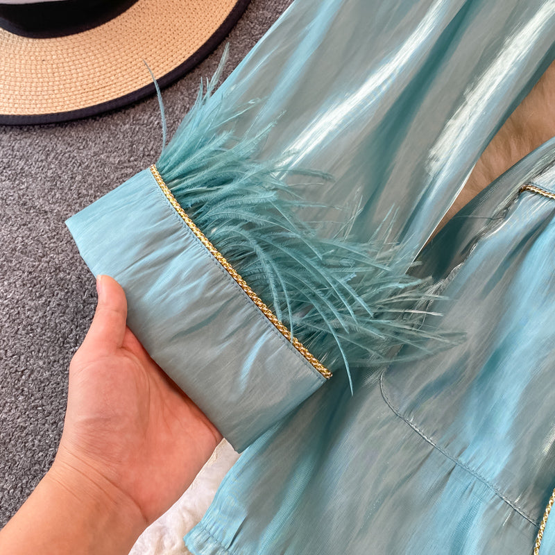 Robe chemise à manches longues en satin acétate style célébrité avec fermeture à la taille 3269