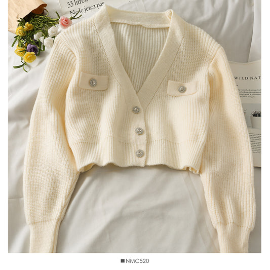 Manteau pull à manches longues et col en V à trois boutons, petit et polyvalent 1733