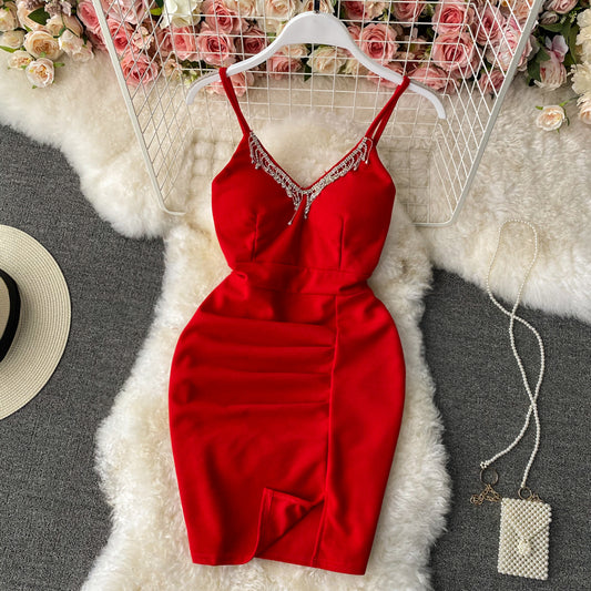 Tassel design feeling machine wrinkle slim short suspender slim dress  3051