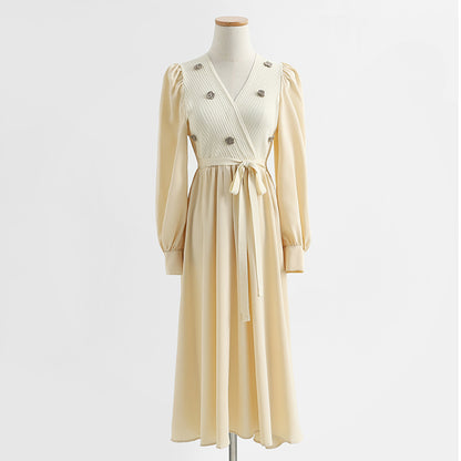 Gentle wind over the knee aging temperament thin embroidered wool dress  2231