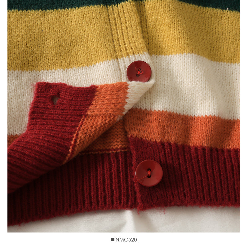 Pull cardigan fin et ample à rayures de couleur contrastée élégant des années 1980