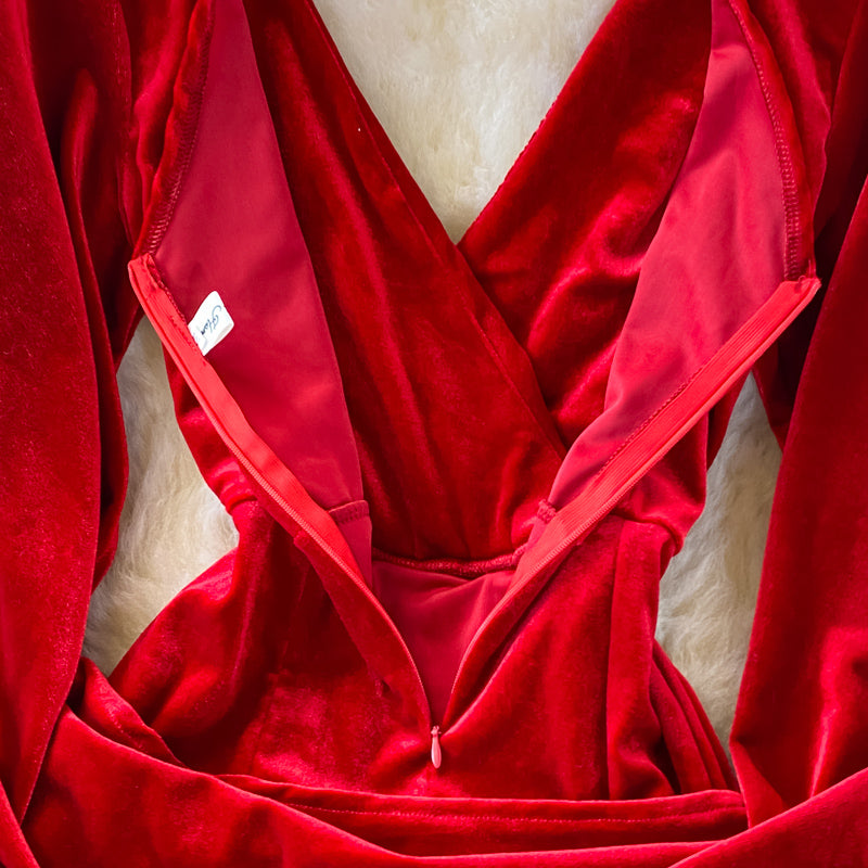 Robe en velours à col en V profond et fente sur les fesses 3240