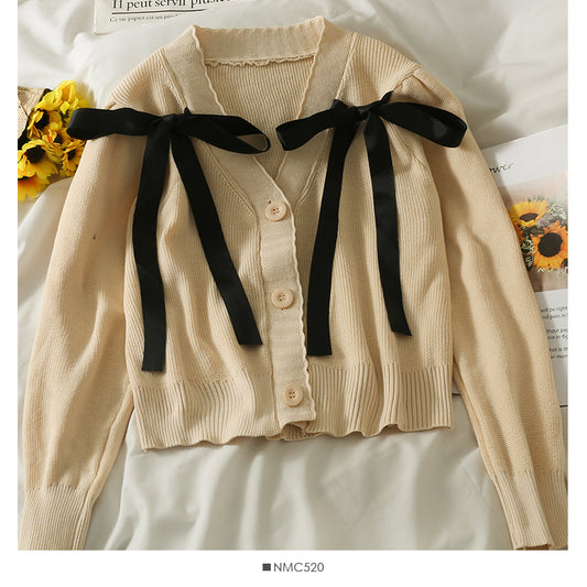 Pull court à simple boutonnage avec nœud papillon coréen pour femme 1945