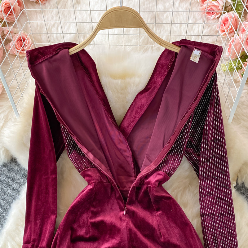 Robe portefeuille en velours à chaud, jupe longue, fermeture à la taille, coupe slim, 3235