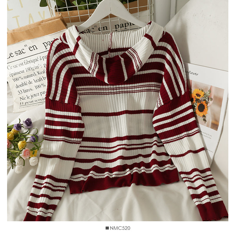Cardigan à capuche avec cordon de serrage et fermeture éclair pour femme, pull fin à rayures coréennes, 2015