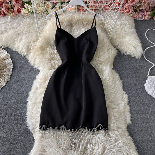 Chain tassel Rhinestone decorative suspender dress  2796