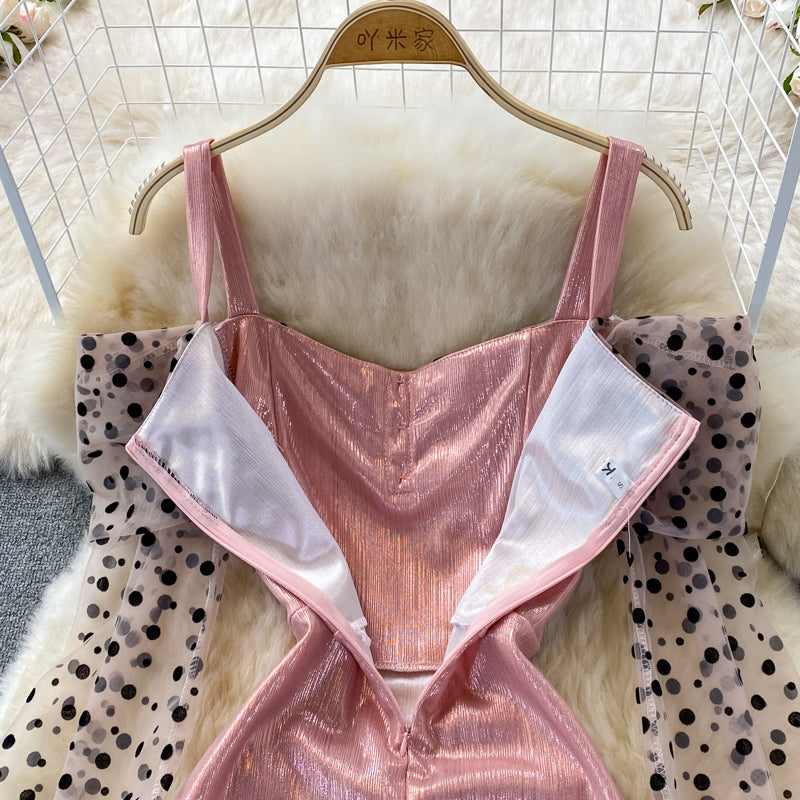 Metallic mosaic dot mesh suspender dress dress dress  3268