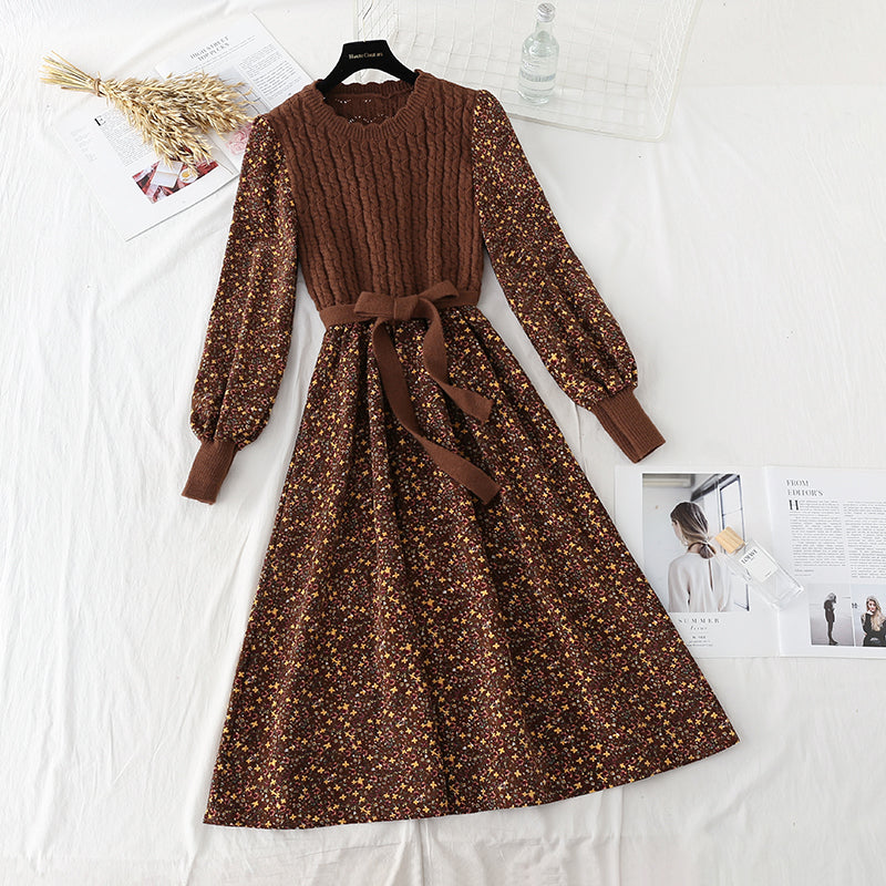 Floral dress new style stitching shows thin temperament slim fit with a bottomed sweater  2136