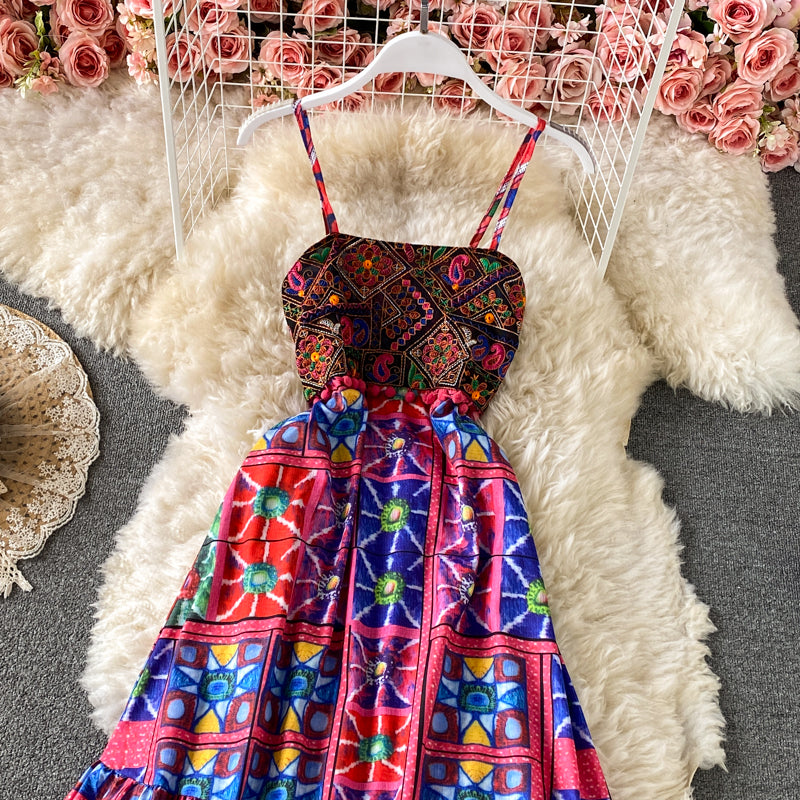 Printed ethnic embroidery suspender dress  3185