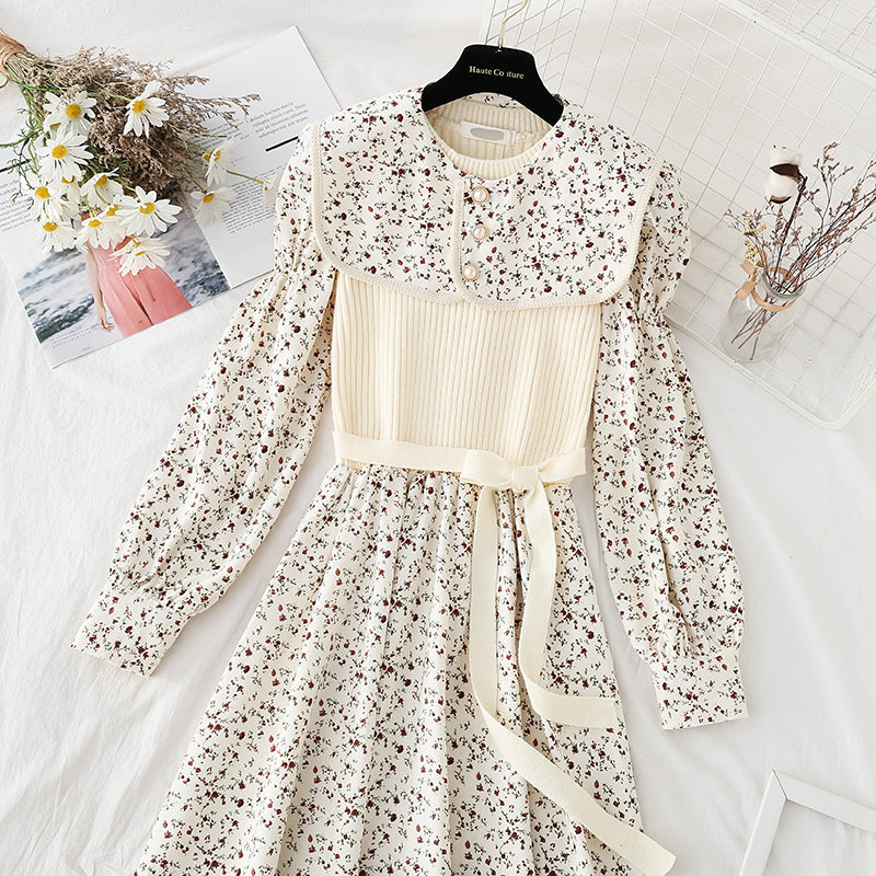 Patchwork floral dress women's slim bottomed skirt versatile age reduction  2311