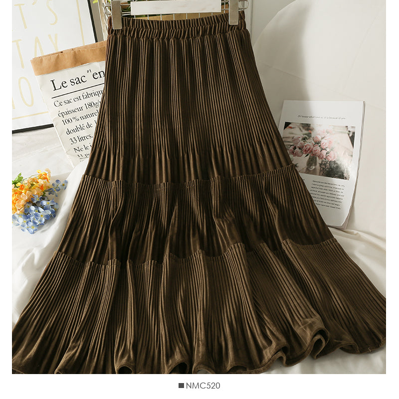 Retro loose slim stitching medium length organ pleated A-line skirt  2571