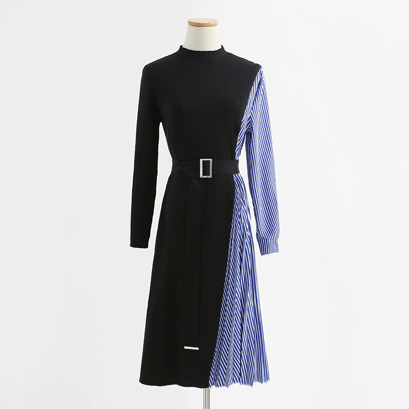 Pleated knitted dress small woman temperament thin medium long  2267