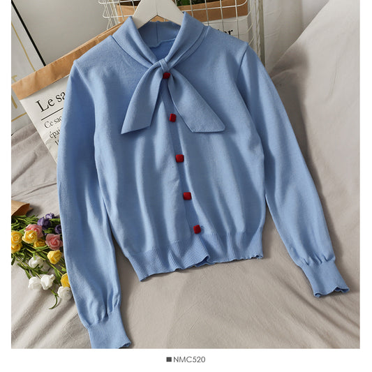 Pull simple boutonnage à col montant et nœud, doux et polyvalent, 2026