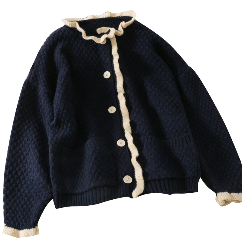 Pull cardigan simple boutonnage à bordure agarique assortie de couleurs rétro de style Hong Kong 1707