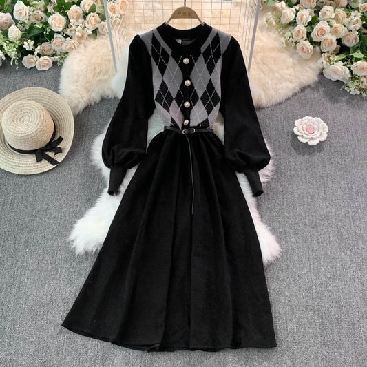 Round neck corduroy stitched knitted dress  3021