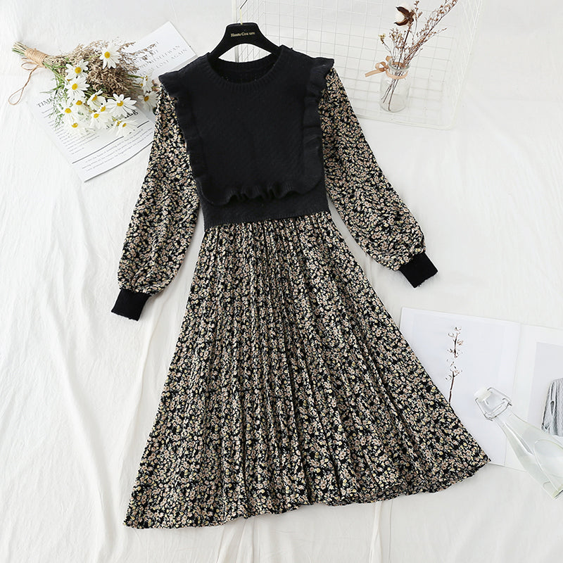 Dress foreign style age reduction splicing broken flower tea break Platycodon grandiflorum skirt  2261
