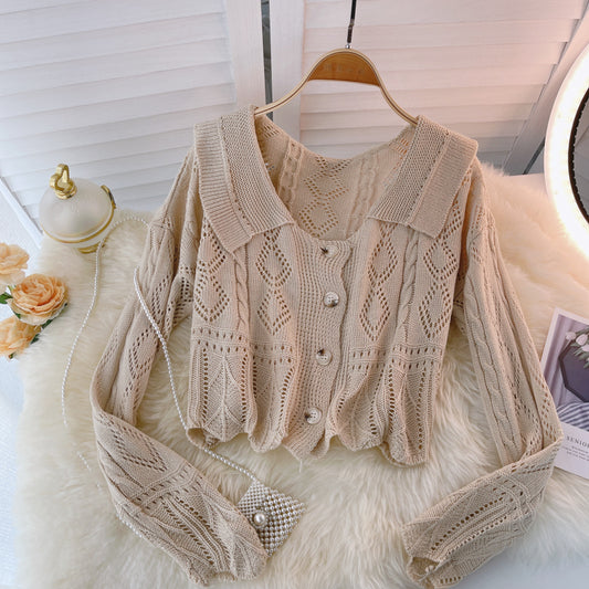 Cardigan court en maille ajourée pour femme en automne 1597