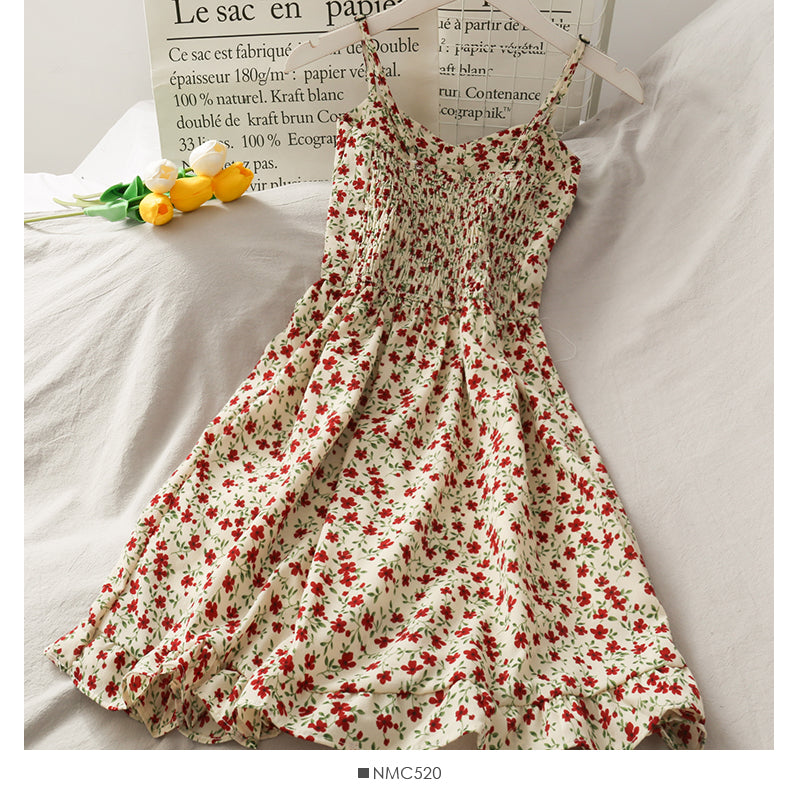 Hong Kong style retro floral high waist suspender skirt  2678